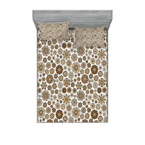 Ambesonne Floral Fitted Sheet & Pillow Sham Set, Romantic Vintage Curly, Full, Brown Tan Pale Yellow