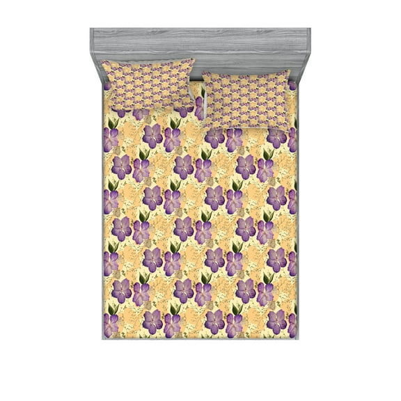 Ambesonne Floral Fitted Sheet & Pillow Sham Set, Romantical Purple Orchids, Full, Multicolor