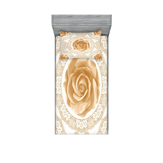 Ambesonne Floral Fitted Sheet & Pillow Sham Set, Rose Florets, Twin, Sand Brown White