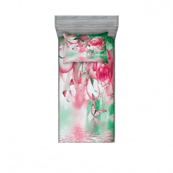 Ambesonne Floral Fitted Sheet & Pillow Sham Set, Rose Petals Butterfly, Twinxl, Jade Green Pale Pink
