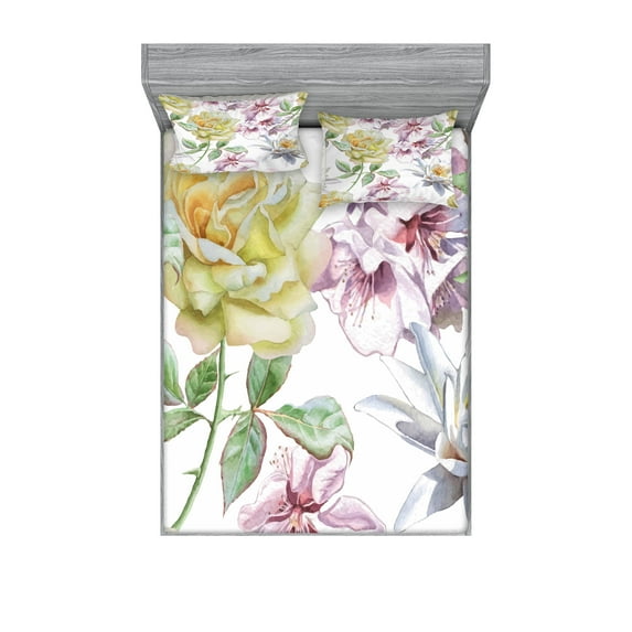 Ambesonne Floral Fitted Sheet & Pillow Sham Set, Rose Petals Sakura Lily, Calking, Fern Green Pale Pink