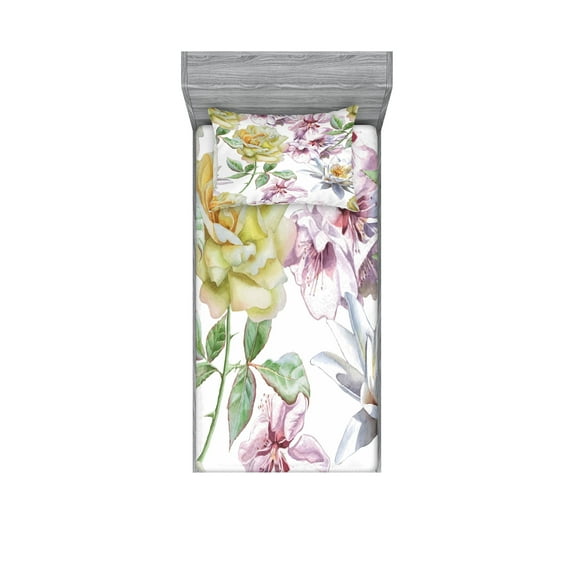 Ambesonne Floral Fitted Sheet & Pillow Sham Set, Rose Petals Sakura Lily, Twinxl, Fern Green Pale Pink