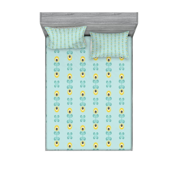 Ambesonne Floral Fitted Sheet & Pillow Sham Set, Scandinavian Style Abstract, Full, Pale Blue Yellow