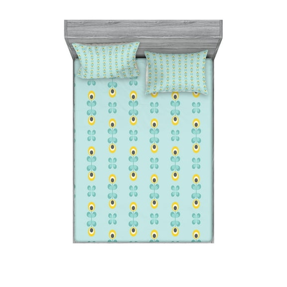 Ambesonne Floral Fitted Sheet & Pillow Sham Set, Scandinavian Style Abstract, Queen, Pale Blue Yellow