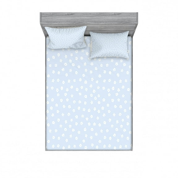 Ambesonne Floral Fitted Sheet & Pillow Sham Set, Scattered Small Blooms, Queen, Pale Blue White