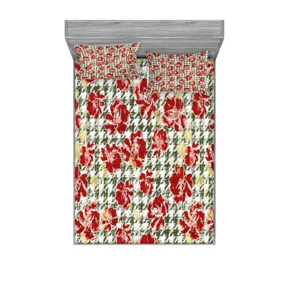 Ambesonne Floral Fitted Sheet & Pillow Sham Set, Scottish Houndstooth, Full, Hunter Green Ruby