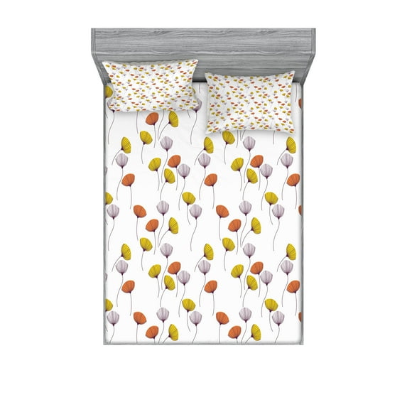 Ambesonne Floral Fitted Sheet & Pillow Sham Set, Simplistic Plants Pattern, Full, Dark Orange Yellow Plum
