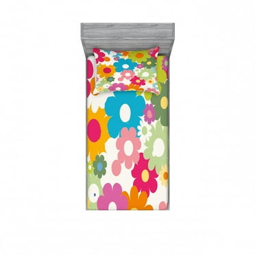 Ambesonne Floral Fitted Sheet & Pillow Sham Set, Sixties Inspiration, Twin, Multicolor