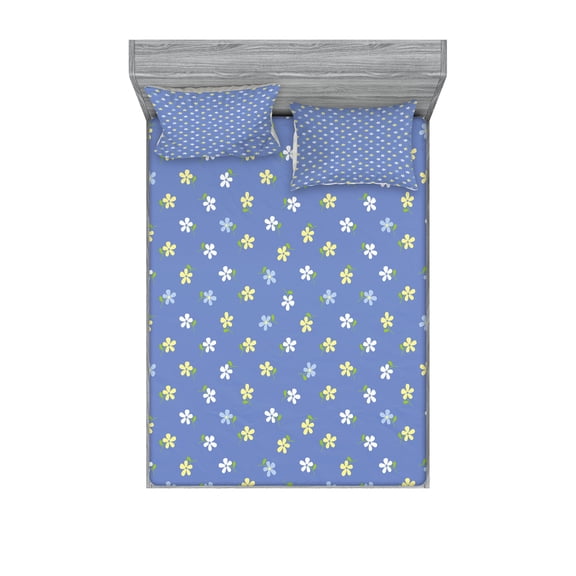 Ambesonne Floral Fitted Sheet & Pillow Sham Set, Small Spring Daisies, Queen, Pale Yellow Violet Blue
