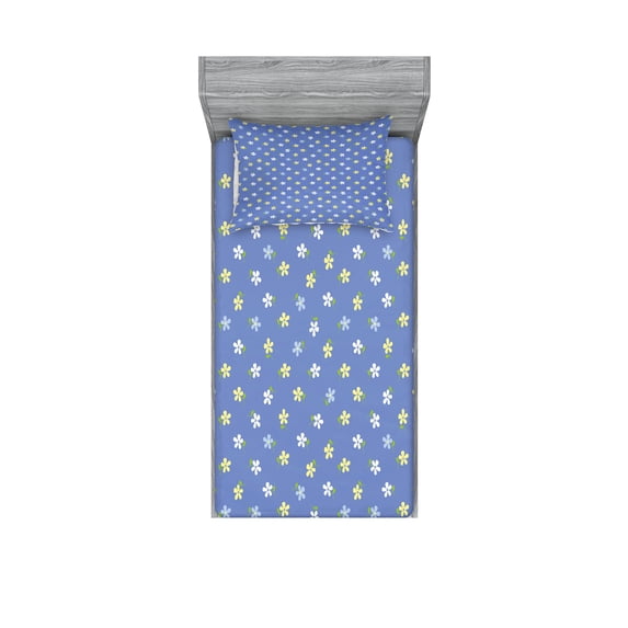 Ambesonne Floral Fitted Sheet & Pillow Sham Set, Small Spring Daisies, Twin, Pale Yellow Violet Blue
