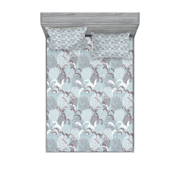 Ambesonne Floral Fitted Sheet & Pillow Sham Set, Soft Shabby Petals Leaf, Full, Pale Blue White Taupe