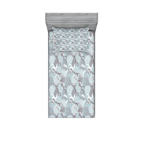 Ambesonne Floral Fitted Sheet & Pillow Sham Set, Soft Shabby Petals Leaf, Twin, Pale Blue White Taupe