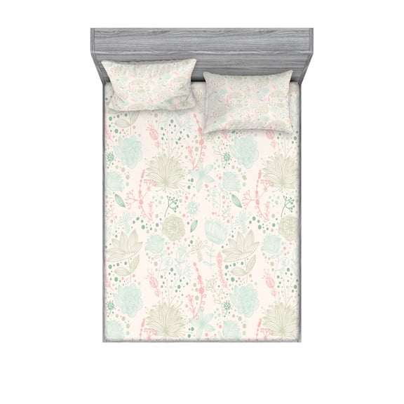 Ambesonne Floral Fitted Sheet & Pillow Sham Set, Soft Toned Nature Theme, Queen, Pale Green Mint Green