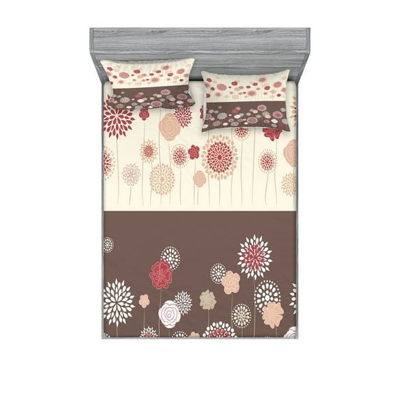 Ambesonne Floral Fitted Sheet & Pillow Sham Set, Spring Blossoms, Queen, Umber Beige Ruby