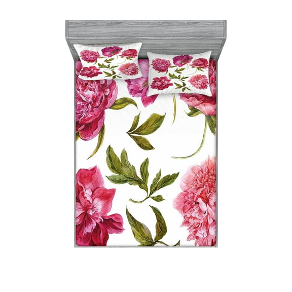 Ambesonne Floral Fitted Sheet & Pillow Sham Set, Spring Buds Vivid Tones, Full, Olive Green Magenta