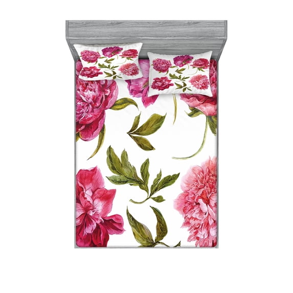 Ambesonne Floral Fitted Sheet & Pillow Sham Set, Spring Buds Vivid Tones, Queen, Olive Green Magenta