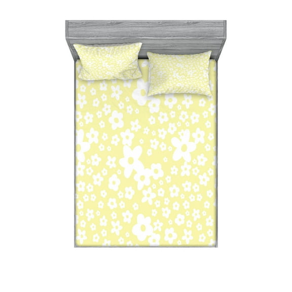 Ambesonne Floral Fitted Sheet & Pillow Sham Set, Spring Daisy Blossoms, Queen, Yellow White