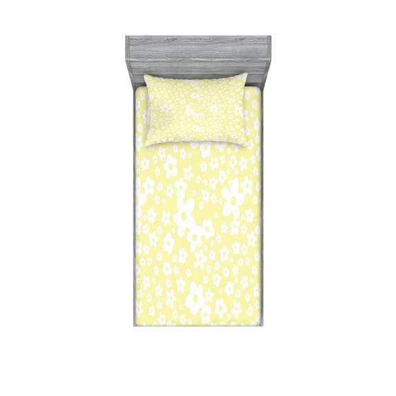 Ambesonne Floral Fitted Sheet & Pillow Sham Set, Spring Daisy Blossoms, Twinxl, Yellow White