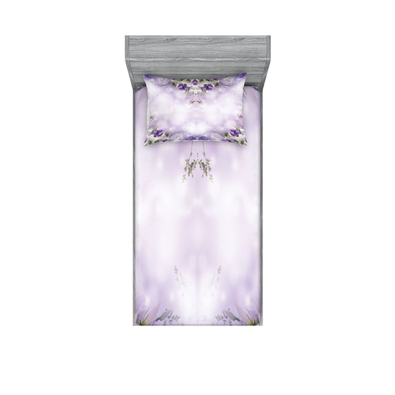 Ambesonne Floral Fitted Sheet & Pillow Sham Set, Spring Flower Bloom, Twin, Lilac Purple Green