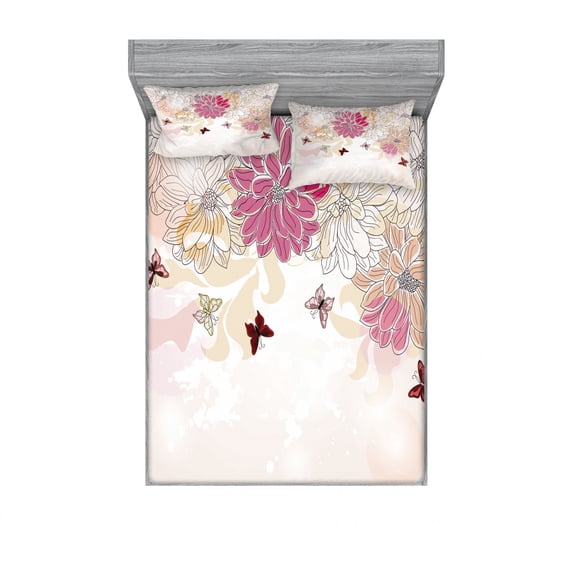 Ambesonne Floral Fitted Sheet & Pillow Sham Set, Spring Flower Butterfly, Queen, Cream Pink