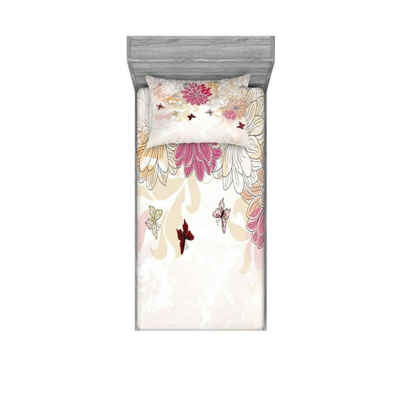 Ambesonne Floral Fitted Sheet & Pillow Sham Set, Spring Flower Butterfly, Twinxl, Cream Pink
