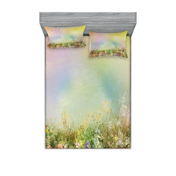 Ambesonne Floral Fitted Sheet & Pillow Sham Set, Spring Flower Nature, Full, Multicolor