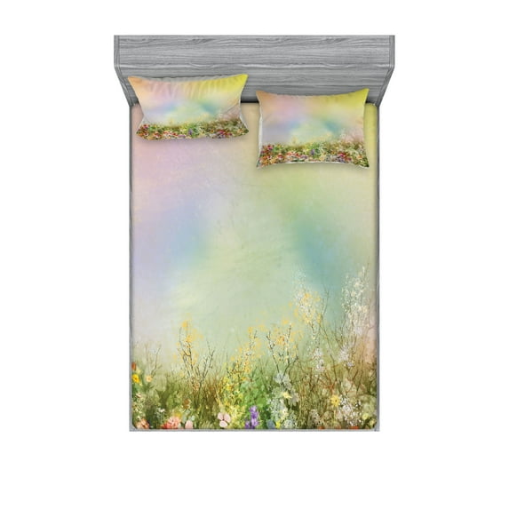 Ambesonne Floral Fitted Sheet & Pillow Sham Set, Spring Flower Nature, Full, Multicolor