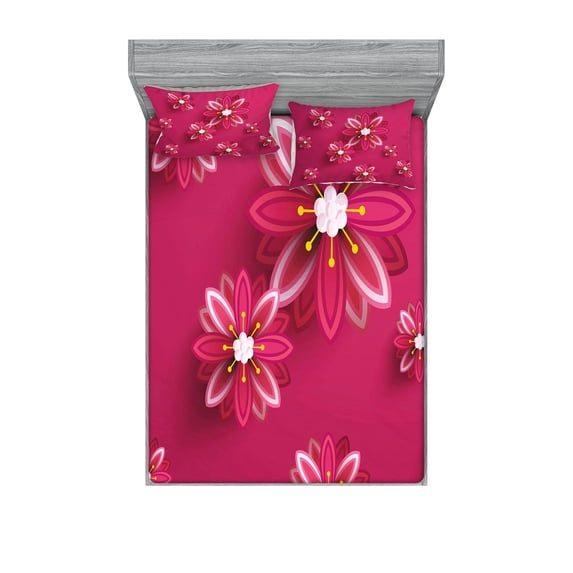 Ambesonne Floral Fitted Sheet & Pillow Sham Set, Spring Flowers, Queen, Pink