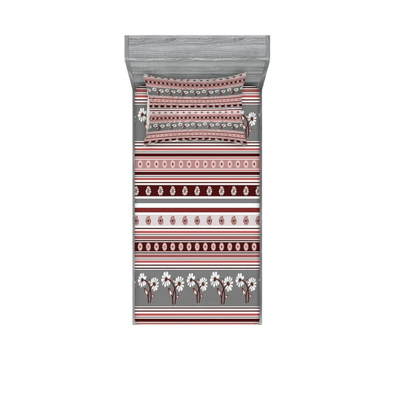Ambesonne Floral Fitted Sheet & Pillow Sham Set, Spring Flowers Stripes, Twinxl, Grey Pink Burgundy