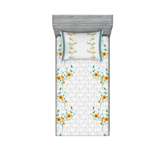 Ambesonne Floral Fitted Sheet & Pillow Sham Set, Spring Flowers on Curls, Twin, Teal Marigold