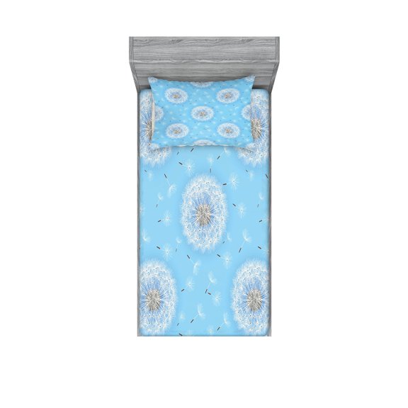Ambesonne Floral Fitted Sheet & Pillow Sham Set, Spring Romantic Design, Twin, Sky Blue White