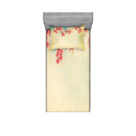 Ambesonne Floral Fitted Sheet & Pillow Sham Set, Spring Sakura Vintage, Twinxl, Beige Pink Teal