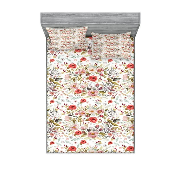 Ambesonne Floral Fitted Sheet & Pillow Sham Set, Spring Watercolor Style, Queen, White Green and Pink