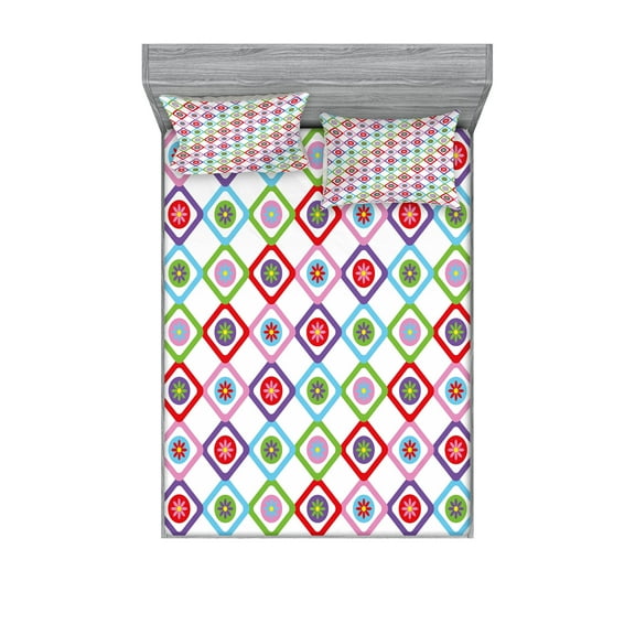 Ambesonne Floral Fitted Sheet & Pillow Sham Set, Squares with Flowers, Full, Multicolor