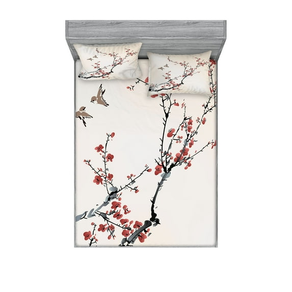 Ambesonne Floral Fitted Sheet & Pillow Sham Set, Style Art Birds, King, Pale Maroon Black