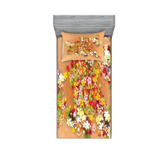 Ambesonne Floral Fitted Sheet & Pillow Sham Set, Summer Sale Banner Art, Twinxl, Orange Red and White