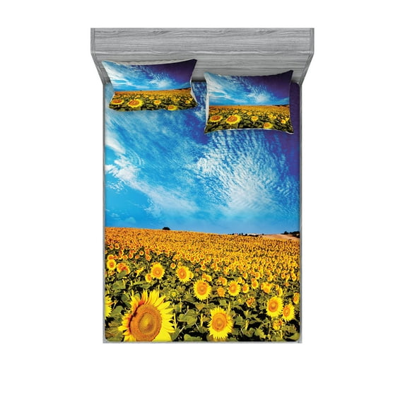 Ambesonne Floral Fitted Sheet & Pillow Sham Set, Sunflower Garden Nature, Full, Yellow and Blue
