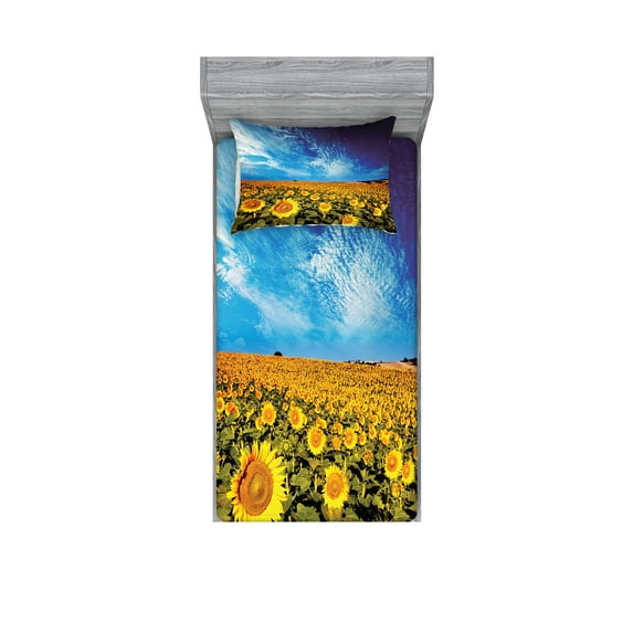 Ambesonne Floral Fitted Sheet & Pillow Sham Set, Sunflower Garden Nature, Twin, Yellow and Blue