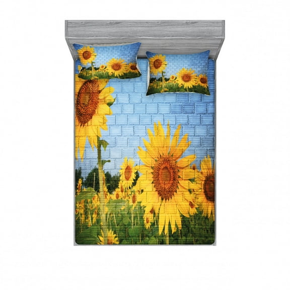 Ambesonne Floral Fitted Sheet & Pillow Sham Set, Sunflowers on the Wall, Queen, Yellow Green