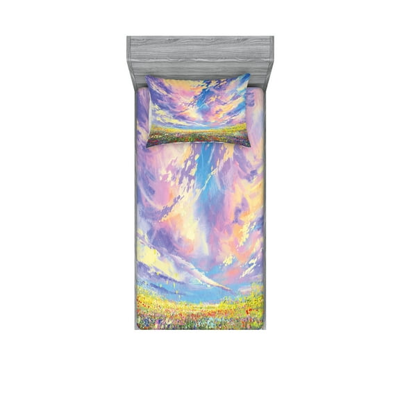 Ambesonne Floral Fitted Sheet & Pillow Sham Set, Surreal Dreamy Sky, Twin, Multicolor