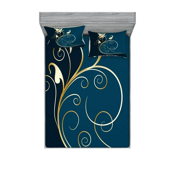 Ambesonne Floral Fitted Sheet & Pillow Sham Set, Swirled Flower Petals, King, Petrol Blue Dark Blue