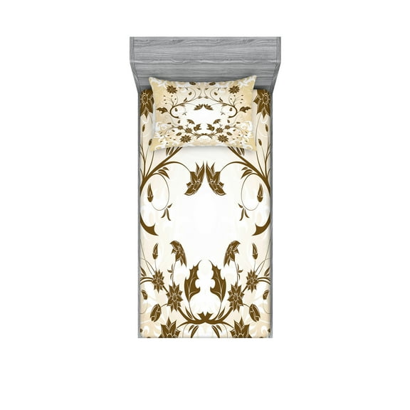 Ambesonne Floral Fitted Sheet & Pillow Sham Set, Swirled Petals Leaves, Twin, Cream Redwood White