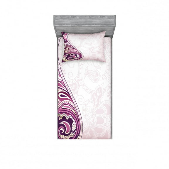 Ambesonne Floral Fitted Sheet & Pillow Sham Set, Swirled Petals Motif, Twinxl, Pale Pink Fuchsia Plum