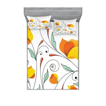 Ambesonne Floral Fitted Sheet & Pillow Sham Set, Swirled Romantic Branch, Full, Mint Orange