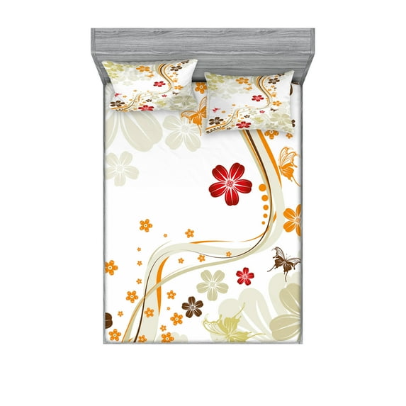 Ambesonne Floral Fitted Sheet & Pillow Sham Set, Swirling Florets Botany, Queen, Multicolor