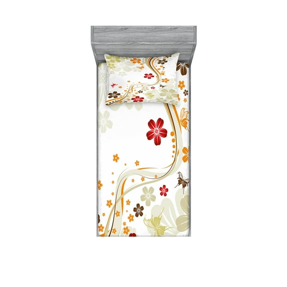 Ambesonne Floral Fitted Sheet & Pillow Sham Set, Swirling Florets Botany, Twin, Multicolor