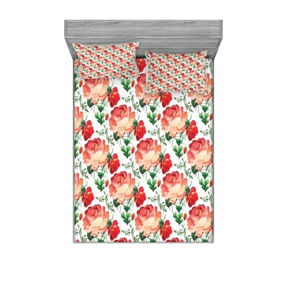 Ambesonne Floral Fitted Sheet & Pillow Sham Set, Traditional Russian Roses, Queen, Multicolor