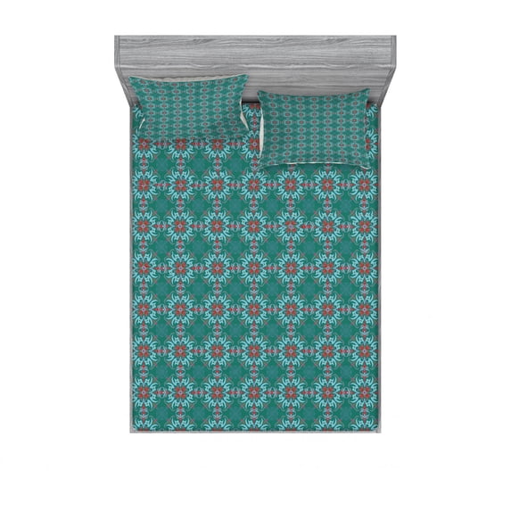 Ambesonne Floral Fitted Sheet & Pillow Sham Set, Traditional Spanish, Full, Jade Green Pale Blue Red