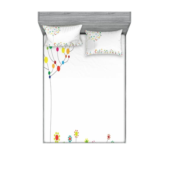 Ambesonne Floral Fitted Sheet & Pillow Sham Set, Tree Branch Spring Buds, Queen, Multicolor