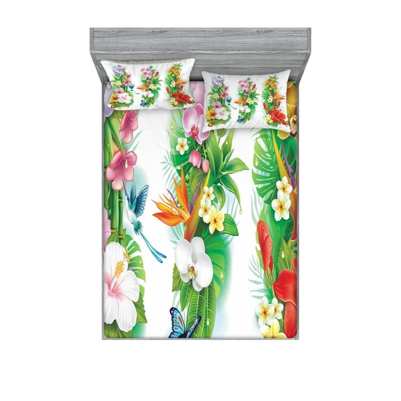 Ambesonne Floral Fitted Sheet & Pillow Sham Set, Tropic Christmas, Queen, Multicolor